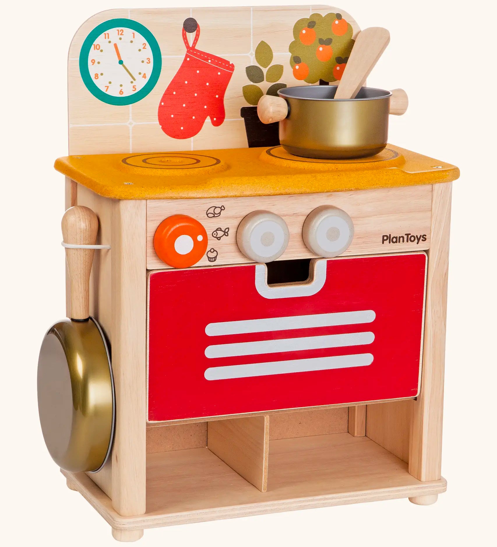 PlanToys play kitchen set. Includes working knobs, oven door and pots and pans