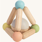 The PlanToys Pastel Triangle Clutching Toy, is a fun and interactive toy for babies and little ones. This sensory toy from PlanToys is made up of a flexible pyramid made up from wooden lengths and painted beads in the colour blue, peach, green and yellow, with a chunky ball inside, which can be removed to be played with separately. The image is on a cream background