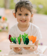 Child holding planter pieces with different veg pieces on top from  the PlanToys wooden blooming greenhouse 