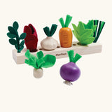 PlanToys wooden seedling patch set showing loose veg sitting on top of planting bed.