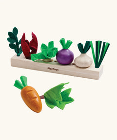 PlanToys wooden seedling patch set from the build a garden set. Includes loose veg pieces and a planting bed
