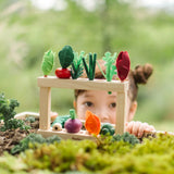 2 PlanToys wooden planting beds stacked using connecters with veg pieces sitting on top with a child standing behind