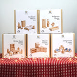 PlanToys wooden dolls house furniture set, includes bedroom, bathroom, dining room, kitchen and living room for the Victorian dollhouse.