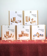 PlanToys wooden dolls house furniture set, includes bedroom, bathroom, dining room, kitchen and living room for the Victorian dollhouse.