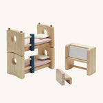 PlanToys Children's Room Dolls House Furniture come with a bunk bead, a chair and a fold out desk. On a cream background