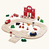 PlanToys fire & rescue roadway set. Features road pieces, emergency vehicles and figures, woodland animal figures and a fire station