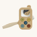 PlanToys Baby's First Phone toy, offers a fun and sensory experience for little ones. This toy is made from wood and has 5 buttons on the front with friendly images. There is also a magnifying glass square so little ones can explore their surroundings in more detail. The image is on a cream background