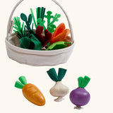 PlanToys fresh veggie basket set includes various loose wooden veg pieces