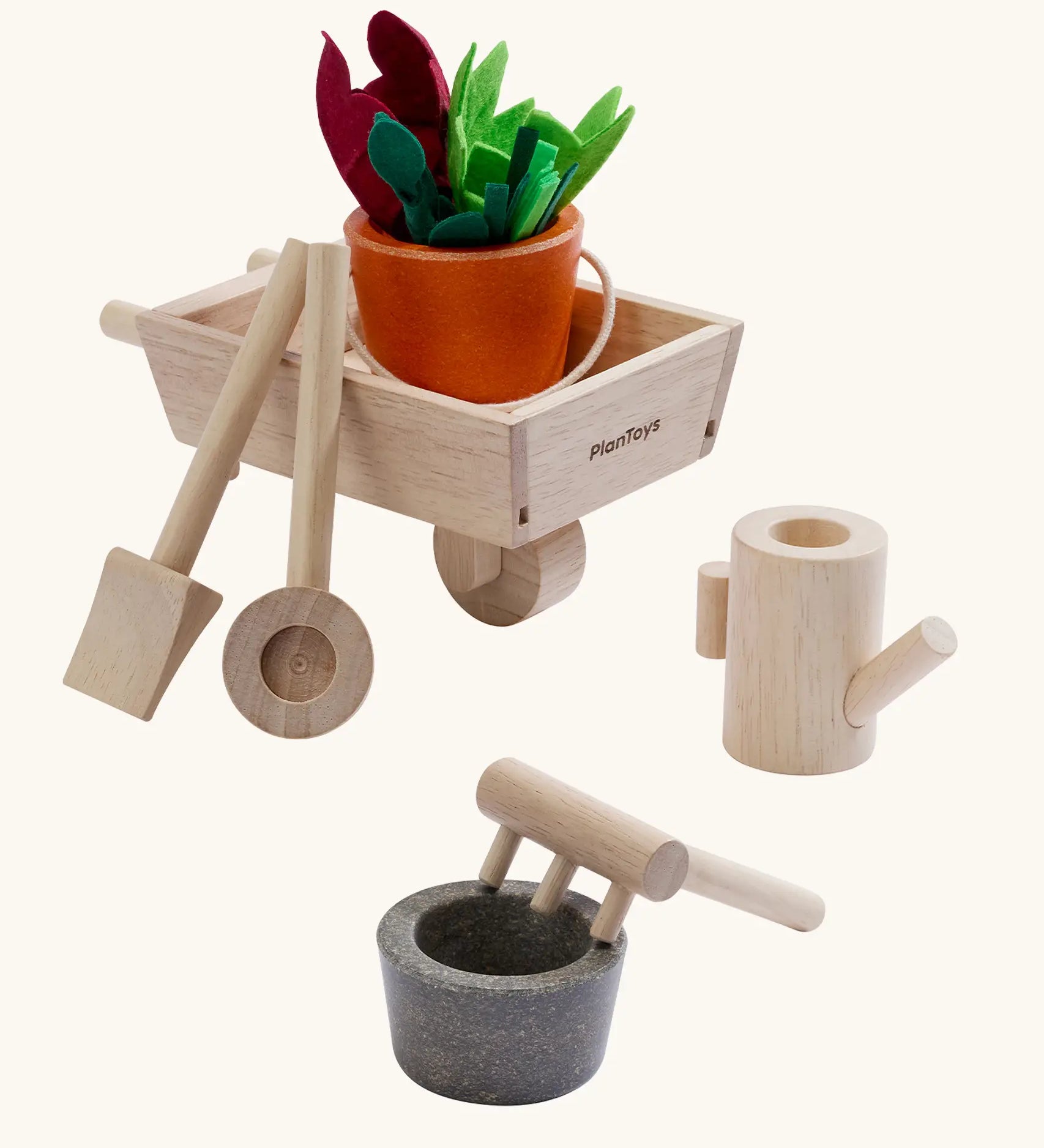 PlanToys wooden wheelbarrow set with garden tools and a bucket with loose veg