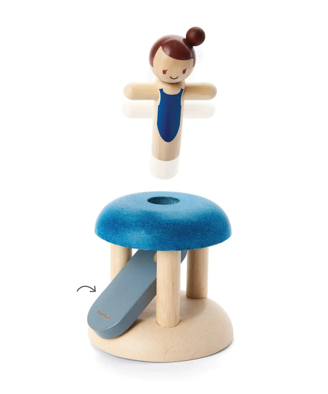 PlanToys wooden jumping gymnast. Showing a gymnast peg doll being launched 