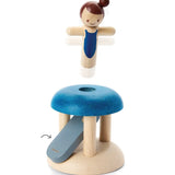 PlanToys wooden jumping gymnast. Showing a gymnast peg doll being launched 
