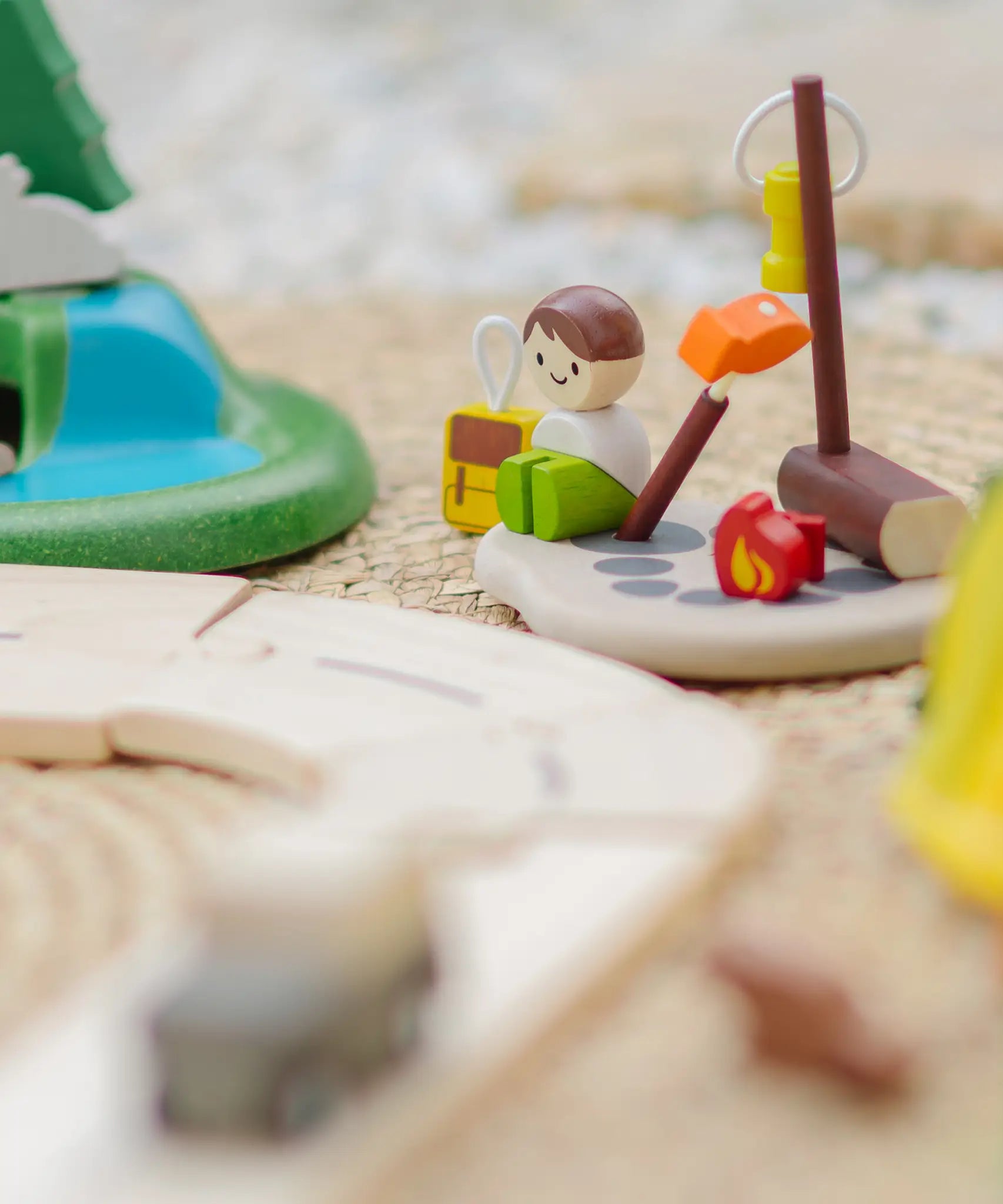 PlanToys wooden jungle explorers road playset showing close up of camper figure doll 