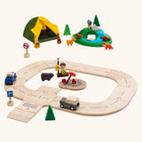 PlanToys jungle explorers road playset. Includes wooden road pieces, vehicles, animal figures and a fabric tent