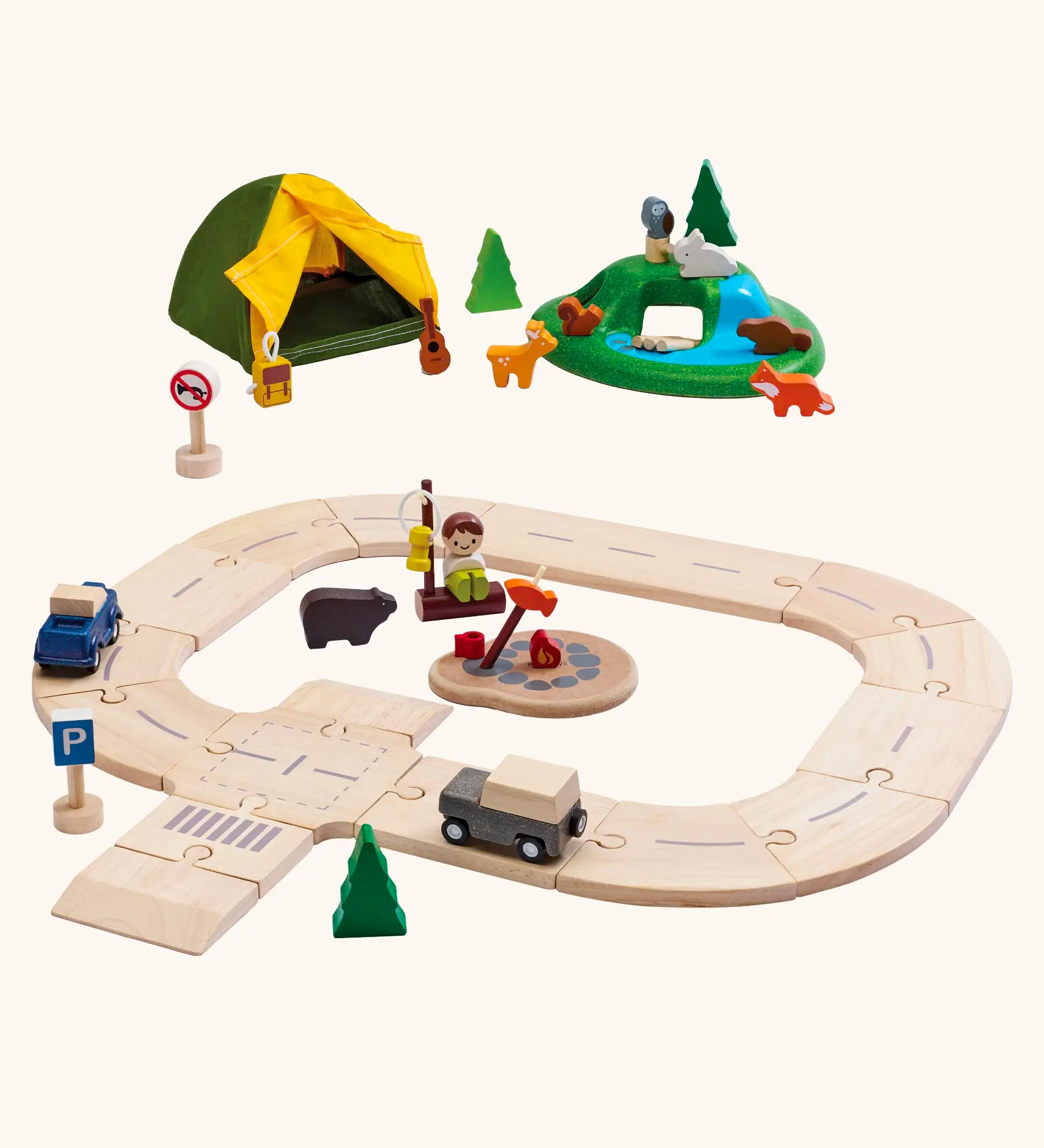 PlanToys jungle explorers road playset. Includes wooden road pieces, vehicles, animal figures and a fabric tent