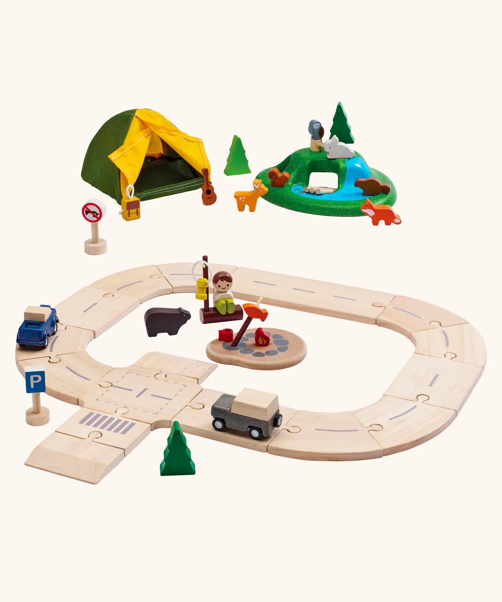 PlanToys jungle explorers road playset. Includes wooden road pieces, vehicles, animal figures and a fabric tent