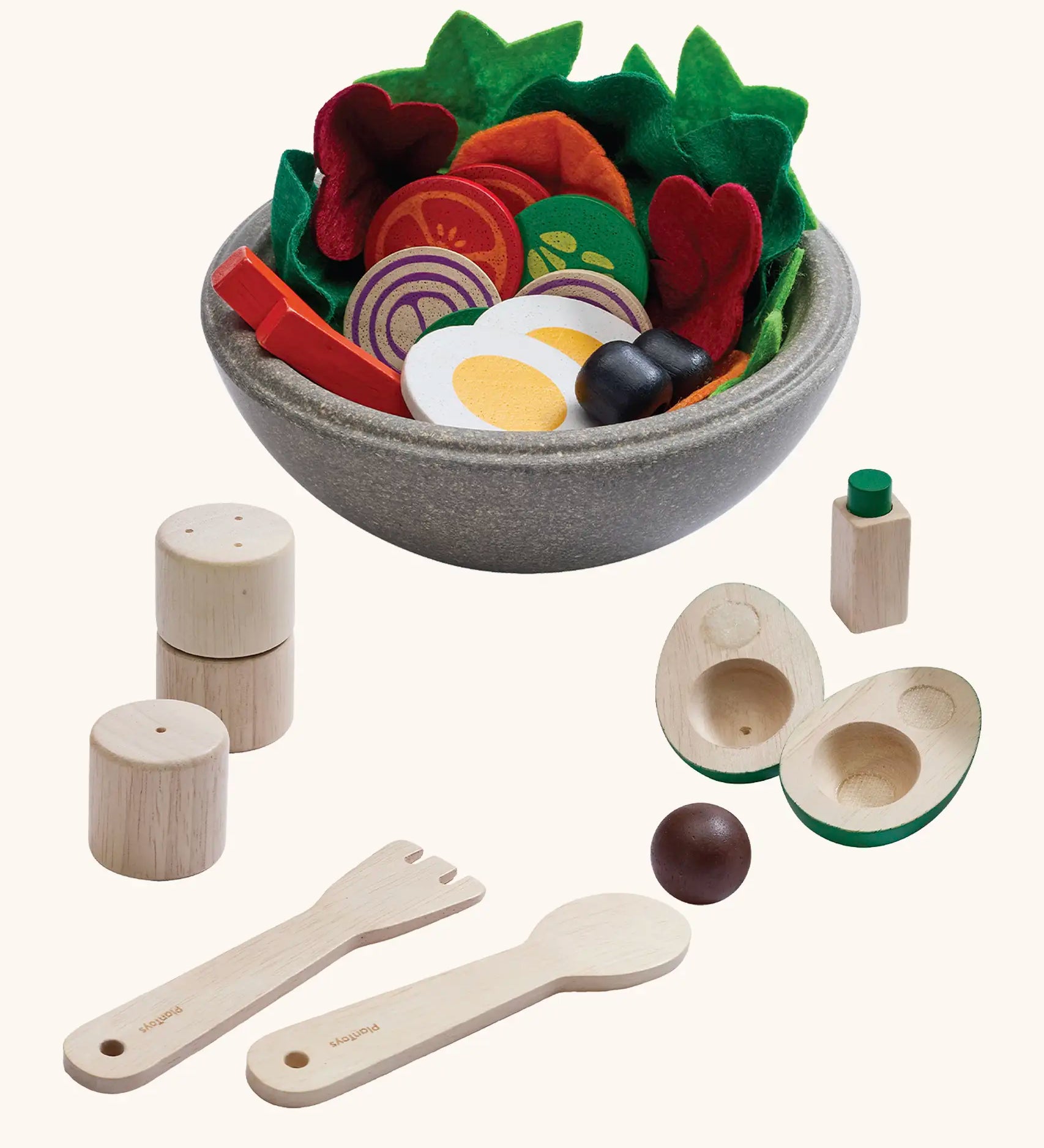PlanToys little chef's salad set. Includes wooden playfood, cutlery and salt and pepper shakers