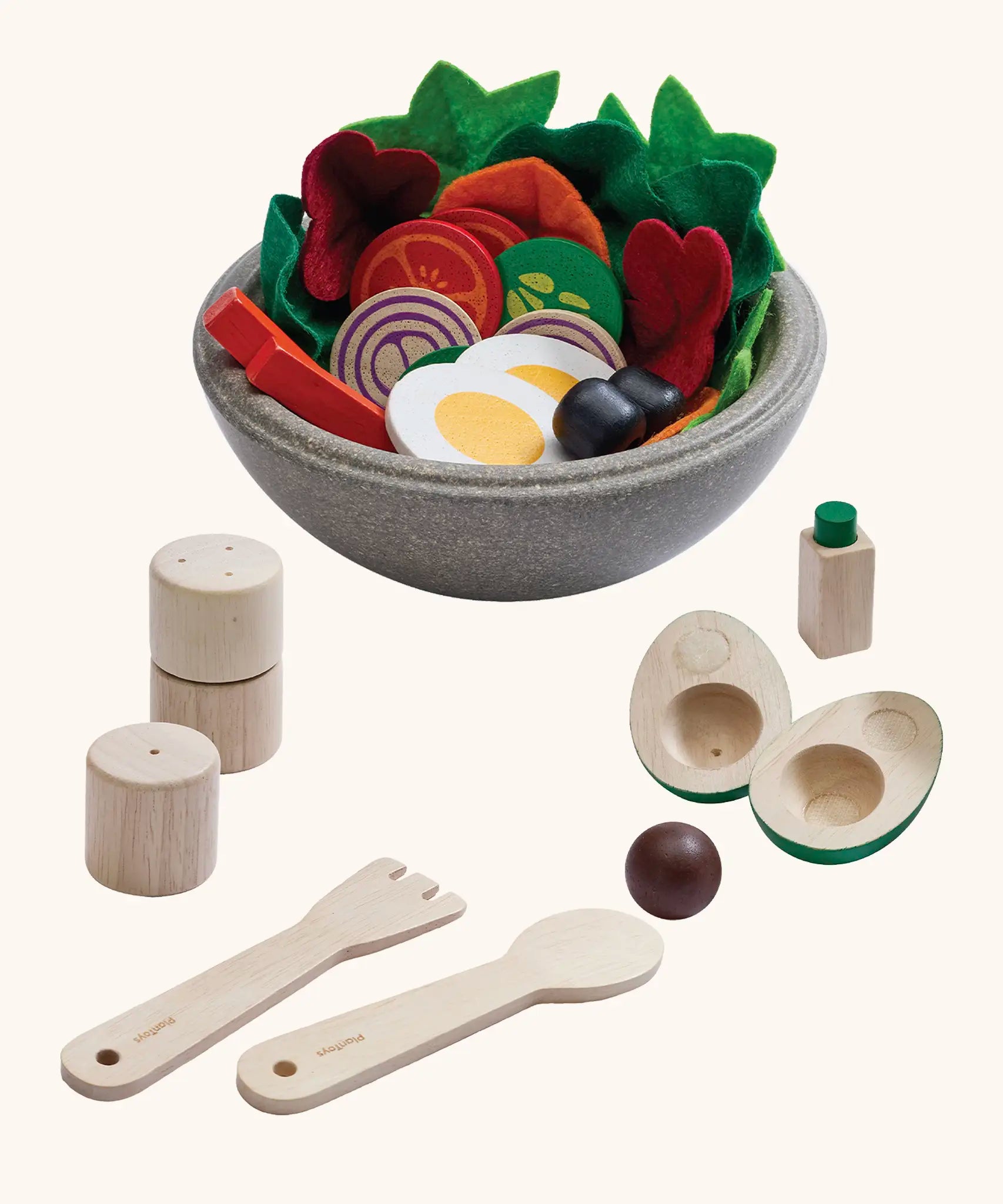 PlanToys little chef's salad set. Includes wooden playfood, cutlery and salt and pepper shakers