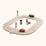 PlanToys my first roadway set. Includes wooden road and rail pieces, vehicles, signs and a wooden person figure