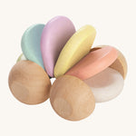 PlanToys Pastel Car is a fun, push and pull, sensory wooden car which is perfect for babies and toddlers. When pushed along the ground, the pastel coloured pieces (in white, peach, yellow, purple, blue and green) in the middle create a soft clacking sound. The image is on a cream background