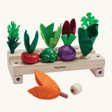 PlanToys stack & sprout set showing different veg on top of the wooden planters and a loose veg piece