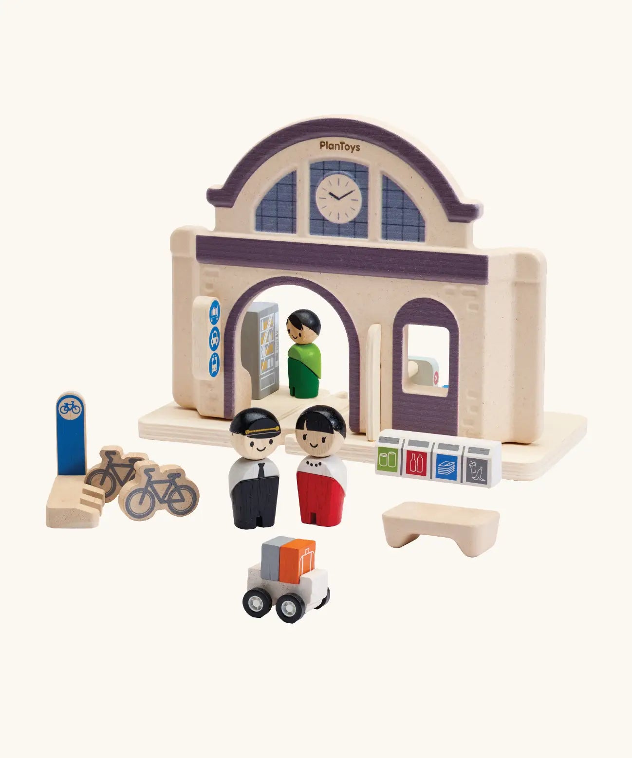 PlanToys wooden train station compatible with a a rail set. Features wooden people figures 