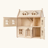 PlanToys wooden Victorian dolls house. Showing front of the top and bottom floor open 