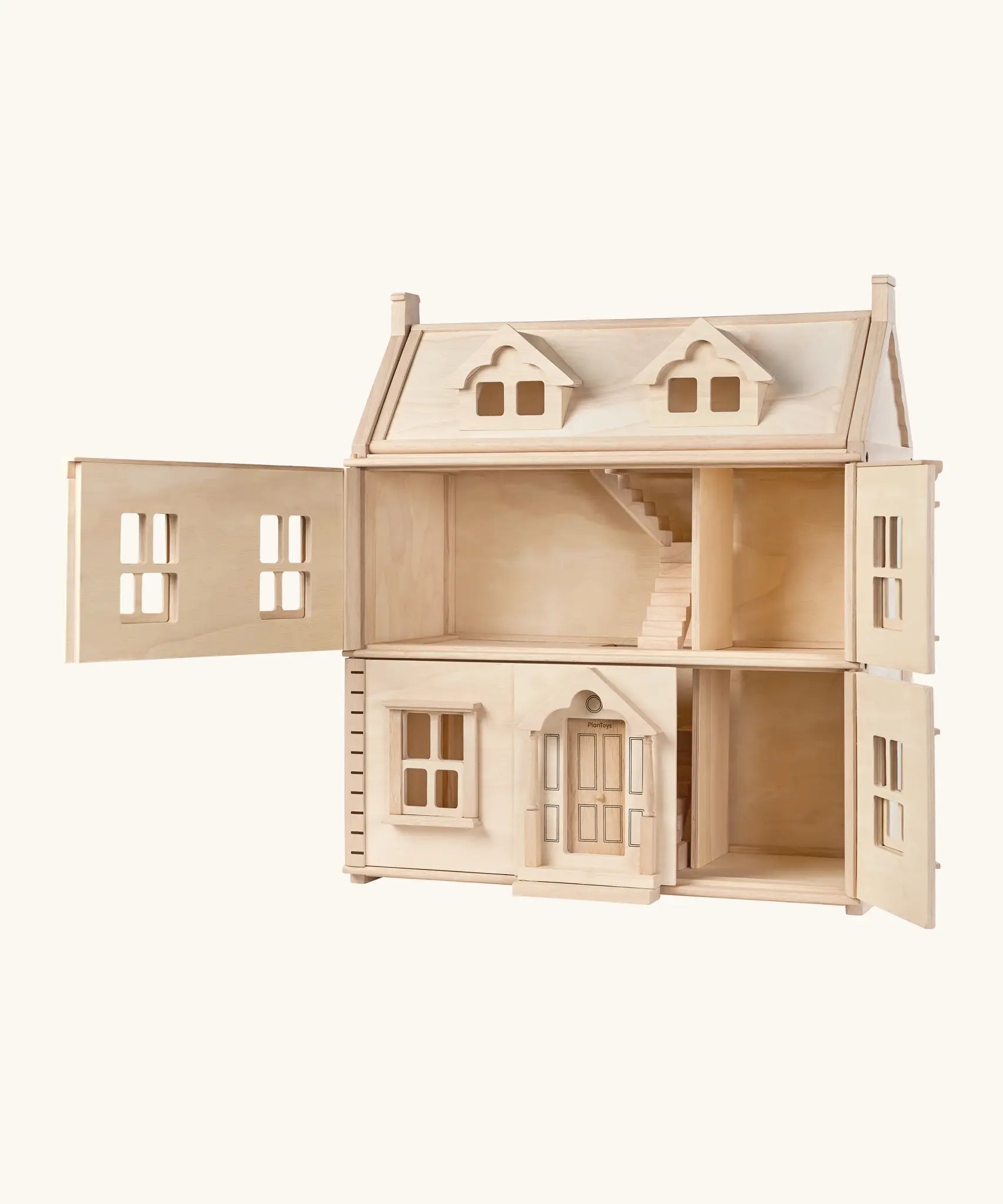 PlanToys wooden Victorian dolls house. Showing front of the top and bottom floor open 