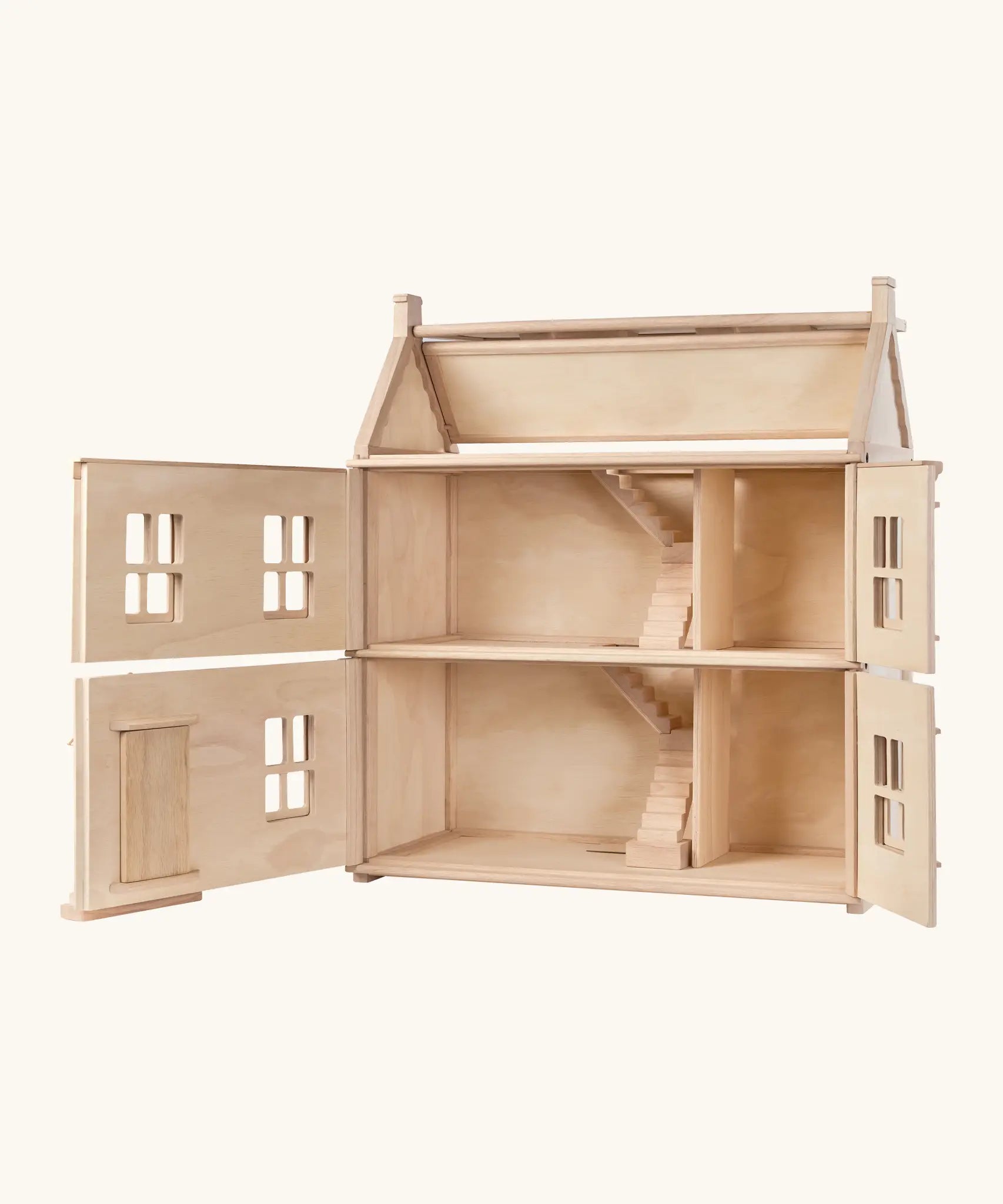 PlanToys wooden Victorian dolls house. with the front of the top and bottom floor open showing the staircase