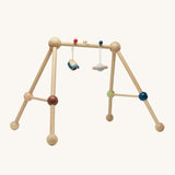 The PlanToys Play Gym Orchard is a fun, sensory baby gym made from wood. This set includes a rocket and a planet toy attached to the top of the baby gym using a red and a blue peg. This is a side view image on a cream background.