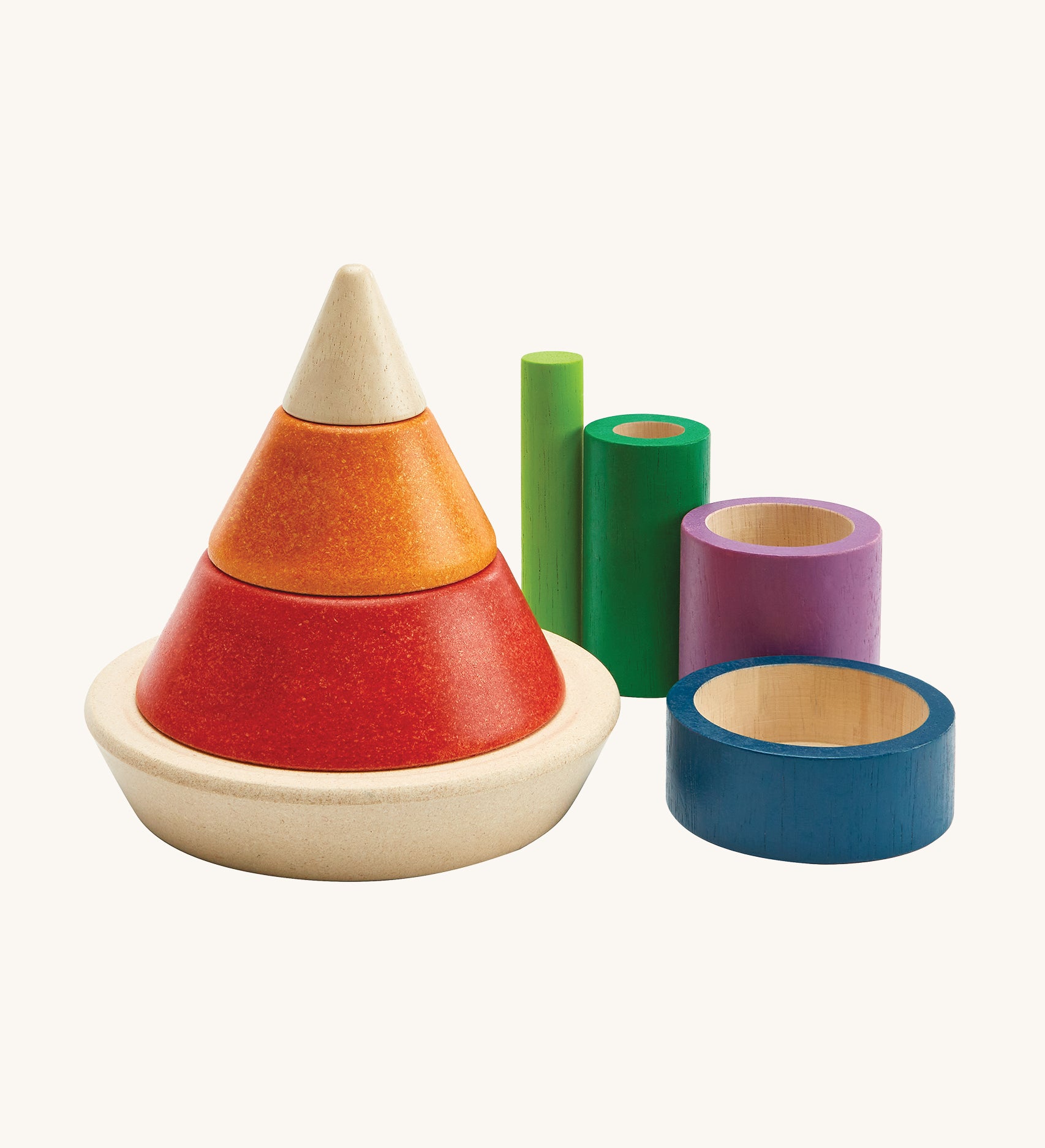PlanToys children's wooden rainbow sorting cones laid out on a cream background. The mage shows the cone shape pieces stacked on top of each other, and the cylinder shape pieces next to the cone block stack
