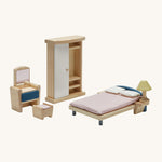 The PlanToys Wooden Dolls House Bedroom Furniture set, featuring a Wardrobe, a chair, a foot stool and bed and a bedside lamp. On a cream background