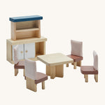 Plan Toys Dining Room Dolls House Furniture, features a table, 4 chairs and a side dresser. On a cream background