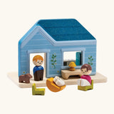 PlanToys wooden blue house with small furniture and figures