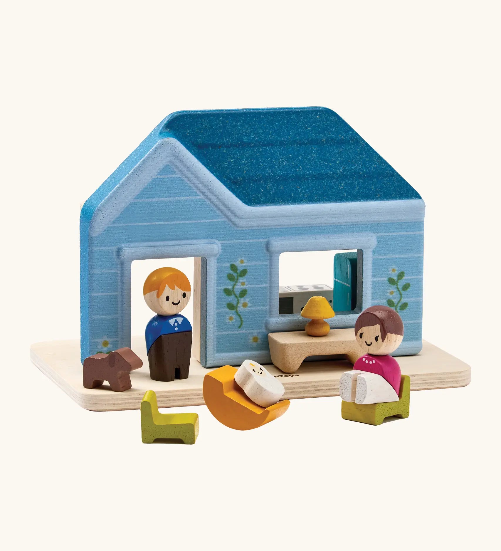 PlanToys wooden blue house with small furniture and figures