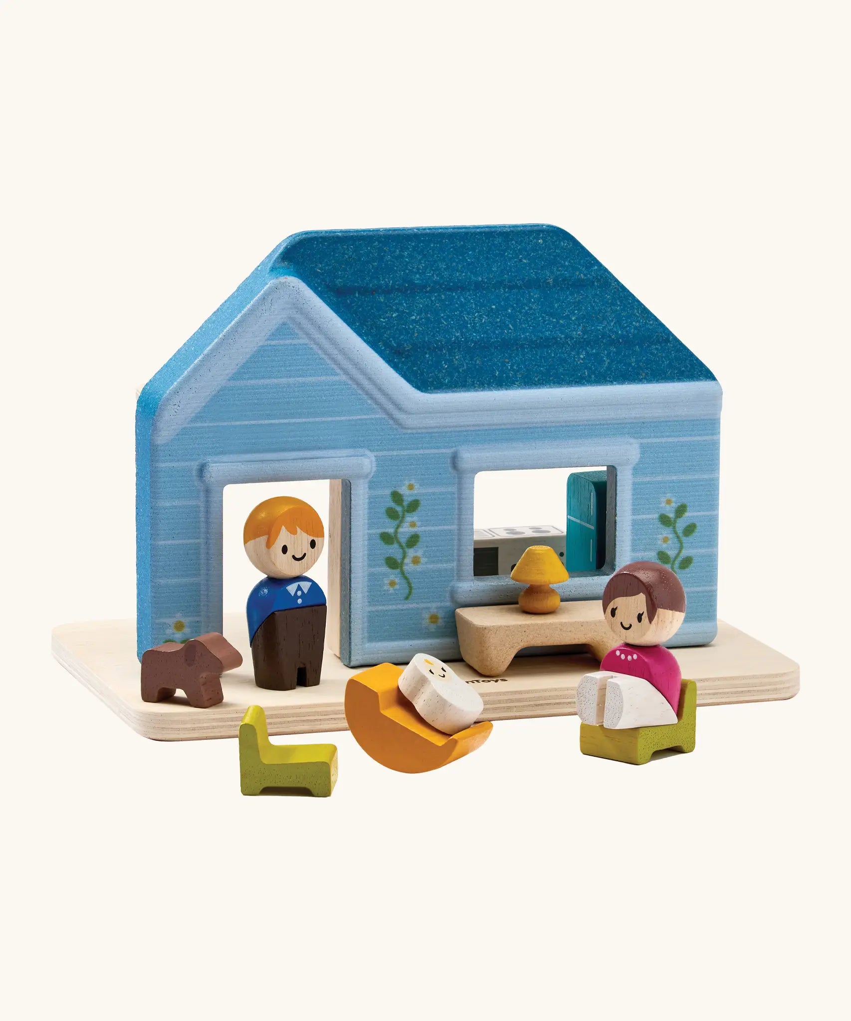 PlanToys wooden blue house with small furniture and figures