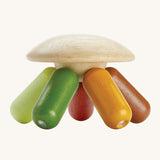 PlanToys plastic-free wooden flexi jellyfish shaped baby sensory and rattle toy in the modern rustic colours of, greens, yellows and browns, on a cream background