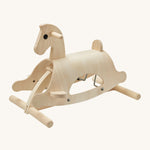 PlanToys Lusitano Rocking Horse, is a beautiful, child's rocking horse. Made from wood, and is of heirloom quality. The rocking horse comes with feet peg bases, hand grips and a small back support. The image is on a cream background