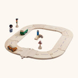 PlanToys my first roadway set showing vehicles on the wooden road pieces
