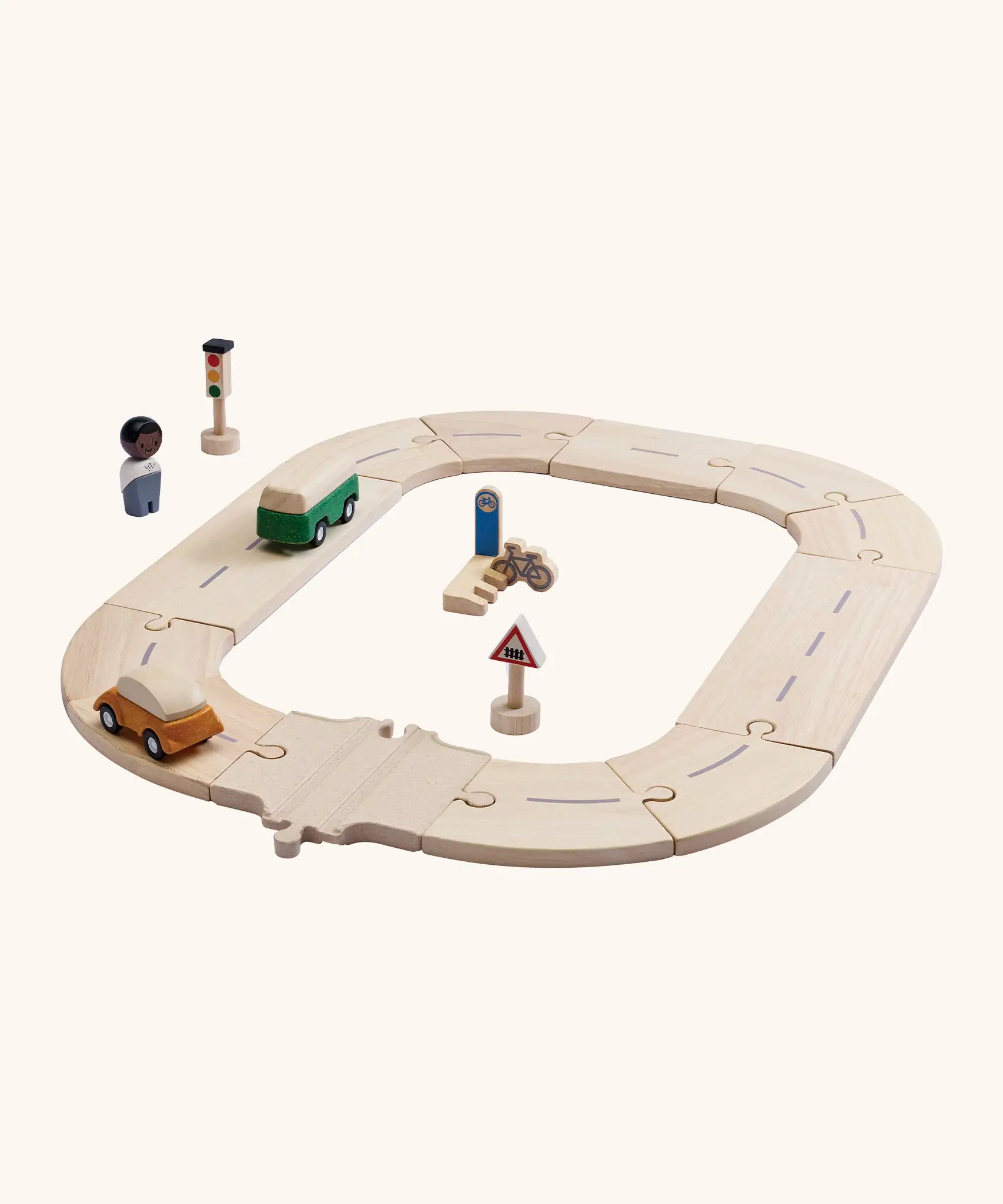 PlanToys my first roadway set showing vehicles on the wooden road pieces