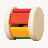 The PlanToys Pastel Roller, is a fun push and pull roller toy for babies and little ones. The roller comes with two natural wooden sides, with rainbow coloured slats, there is also a little wooden ball inside for an auditory experience too. The image is on a cream background
