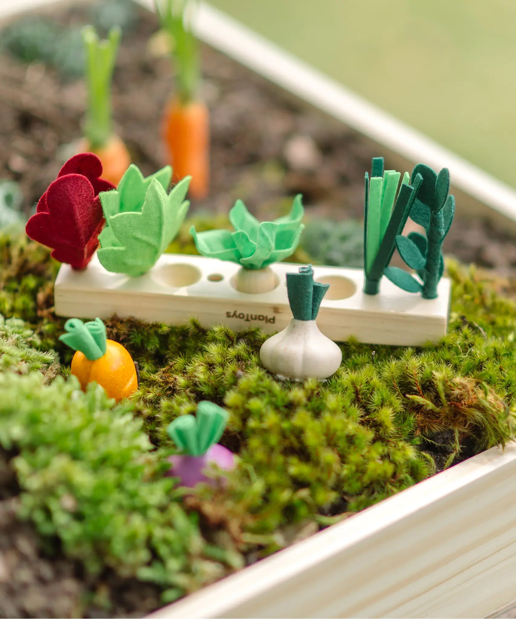 PlanToys wooden seedling patch planter with loose wooden veg pieces