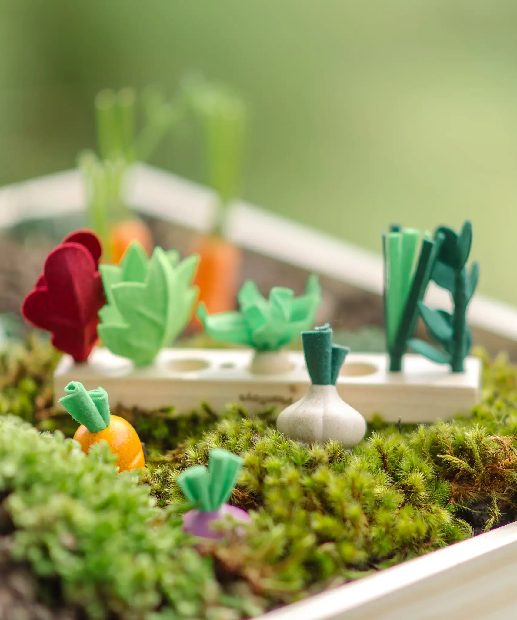PlanToys seedling patch showing loose wooden veg pieces scaattered around a planter