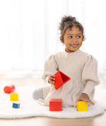 PlanToys nesting triangle wooden toy. Other nesting shapes sets are in the background.