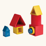 Three PlanToys nesting wooden toy sets, triangle, boxes and cylinders.