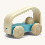 Plan toys eco-friendly wooden vroom car vehicle toy on a cream background