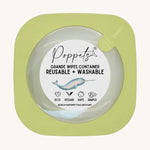 Poppets Grande Reusable Baby Wipes Container in Pea Green. The container is in a square shape on a cream background