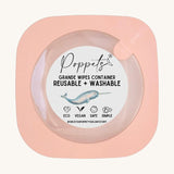 Poppets Grande Reusable Baby Wipes Container in Peach. The container is in a square shape on a cream background