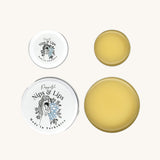 Poppets Nips & Lips Nipple Balm - 10ml and 40ml, open aluminium tins with balm, size comparison. 