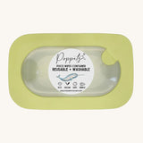 Poppets Poco Reusable Baby Wipes Container in Pea Green. The container is  in a rectangle shape on a cream background