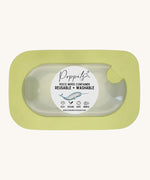 Poppets Poco Reusable Baby Wipes Container in Pea Green. The container is  in a rectangle shape on a cream background